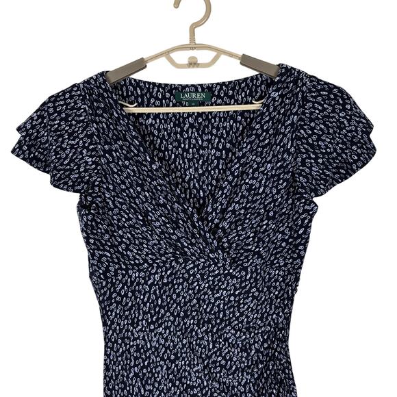 Lauren Ralph Lauren faux wrap dress v-neck flutter sleeve 10 navy blue print - Picture 3 of 10